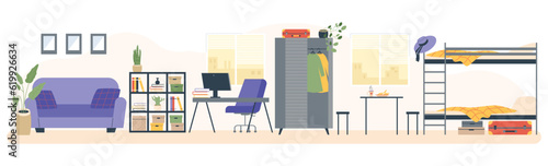 Room interior with bunk bed, workplace with computer, sofa and rack flat style