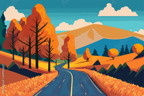 Landscape of mountain empty road in autumn with stones, pines, bushes, orange, trees and mountains. Flat colorful vector illustration