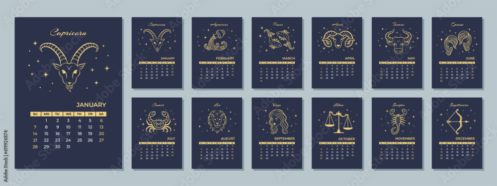 2024 monthly Zodiac calendar with the astrological sign The week starts Sunday 12 months of 2024 monthly Zodiac calendar with the astrological sign The week starts Sunday 12 months of
