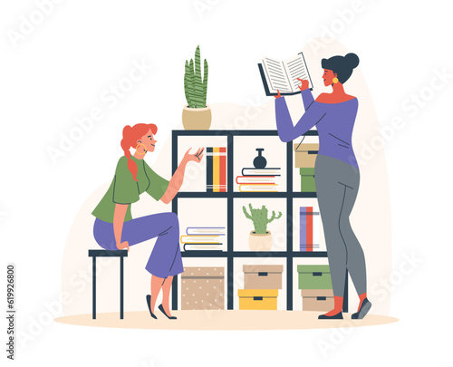 Vector isolated illustration of two pretty girls near wardrobe, rack with books, plants and boxes, reading book, sitting on chair