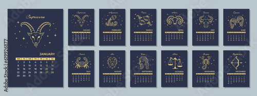 2024 monthly Zodiac calendar with the astrological sign. The week starts Monday. 12 months of the year. photo