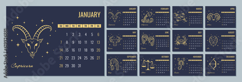 2024 monthly Zodiac calendar with the astrological sign. The week starts Sunday. 12 months of the year.