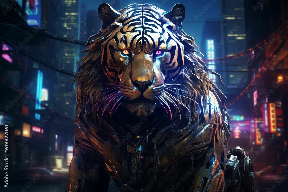 a tiger statue in the middle of a city street with neon lights a tiger statue in the middle of a city street with neon lights