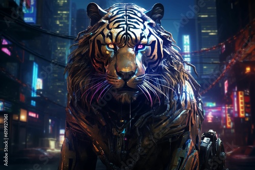 a tiger statue in the middle of a city street with neon lights