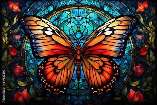 a stained glass butterfly sits on the ground with red flowers © Bendix