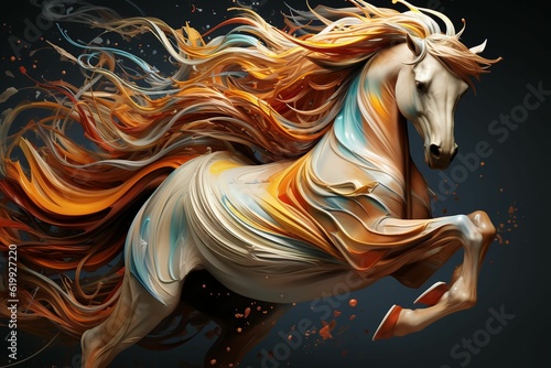 horse with orange and blue hair galloping in the wind