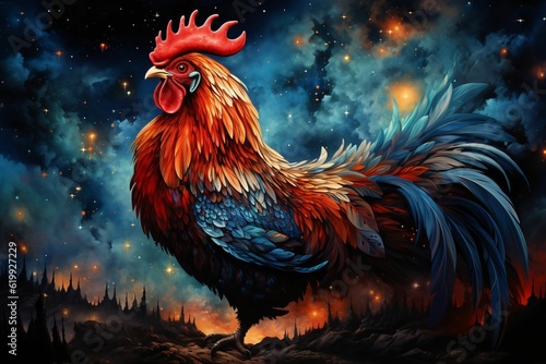 a chicken with a large red head and big blue tail on it's head