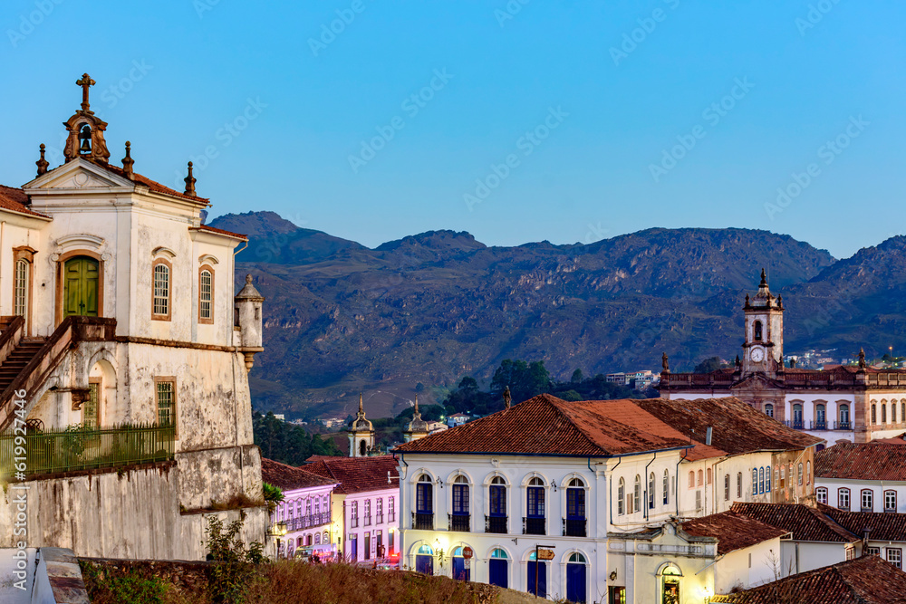 Beautiful historic city of Ouro Preto with its houses, churches, monuments and mountains