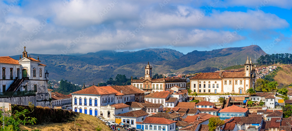 Panoramic image of ancient city of Ouro Preto with its houses, churches, monuments and mountains