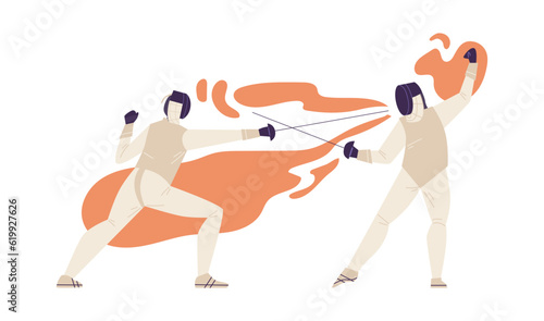 Fencing players vector isolated illustration, Athlete men figures in white suits and protective equipment against of spots