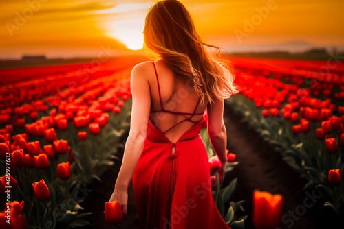 Jeune femme marchant dans un champ de tulipes rouges au coucher du soleil, vue de dos - Générative IA photo
