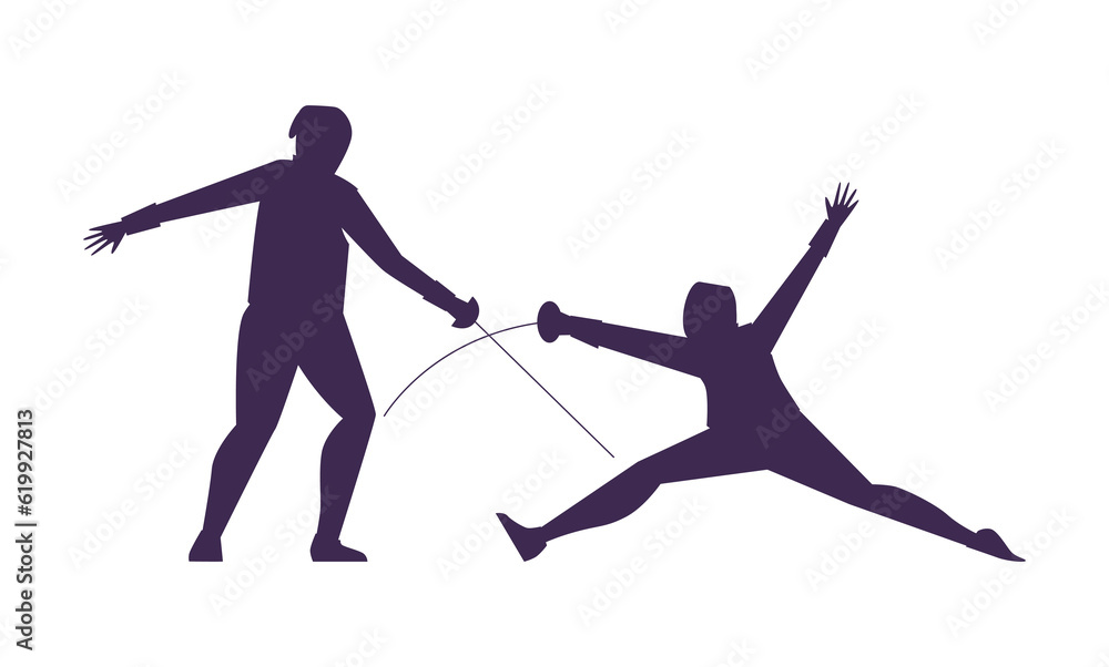 Vector isolated silhouette of Fencing players illustration on white background, Fencing duel competition event, fighting