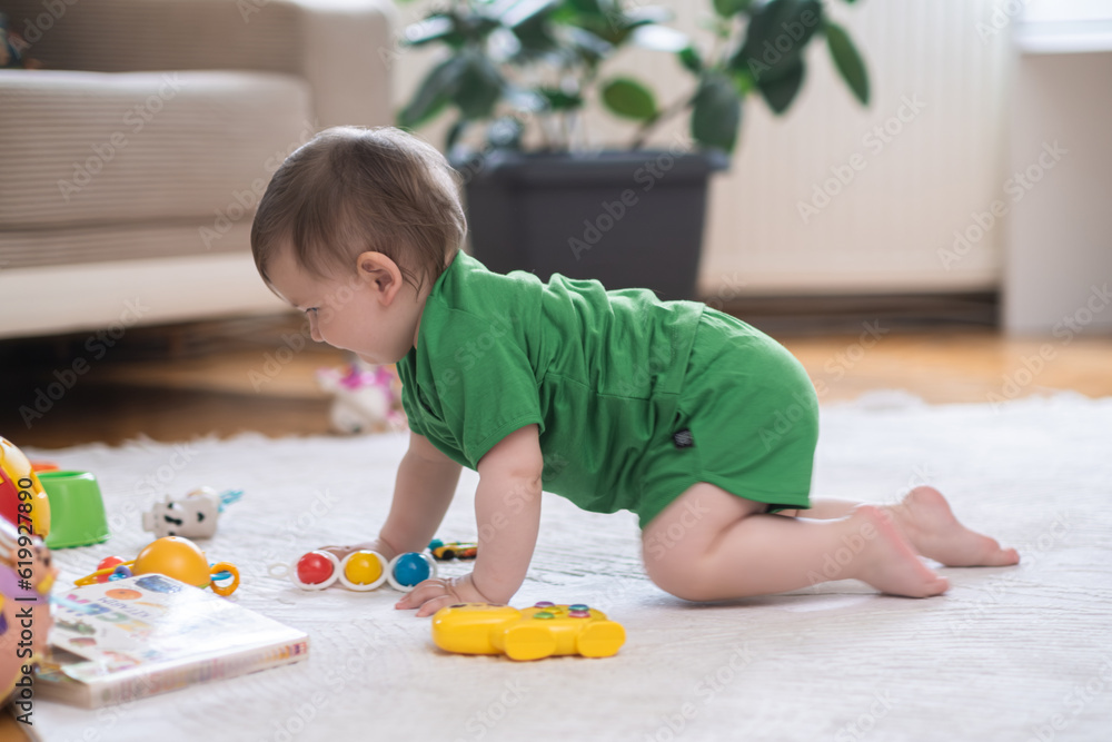 Curious baby boy crawling on white fluffy rug near scattered toys and books adorable chubby kid in green outfit enjoying exploring new things in living room at home Curious baby boy crawling on white fluffy rug near scattered toys and books adorable chubby kid in green outfit enjoying exploring new things in living room at home