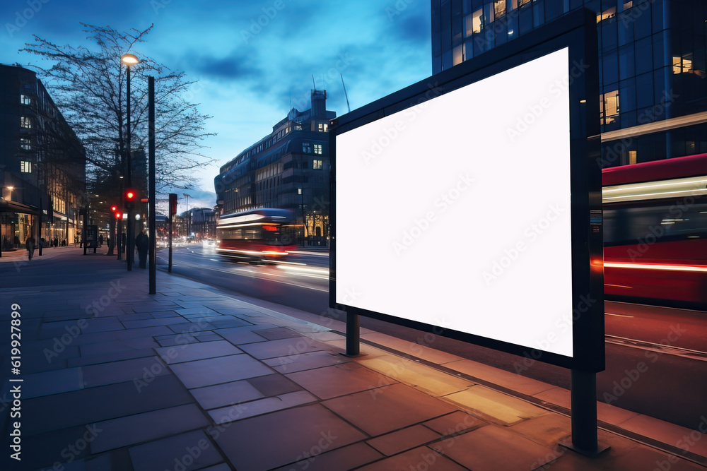 Mockup of blank advertising light box on the bus stop with people walking by. Motion blur effect, Digital Media billboard, signboard for product advertisement design,