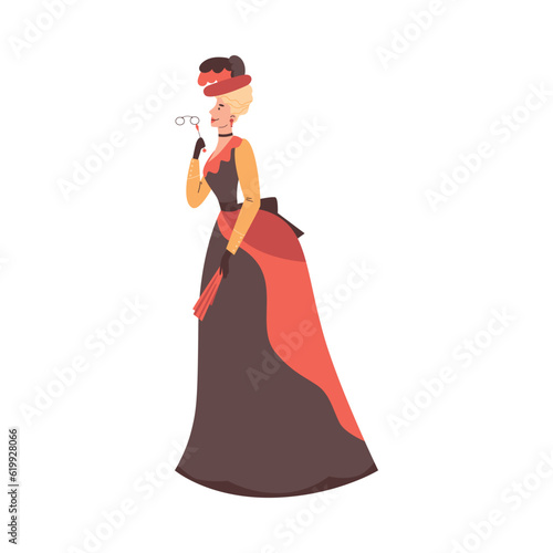 Elegant woman in Victorian era dress and hat, flat vector illustration isolated on white background.