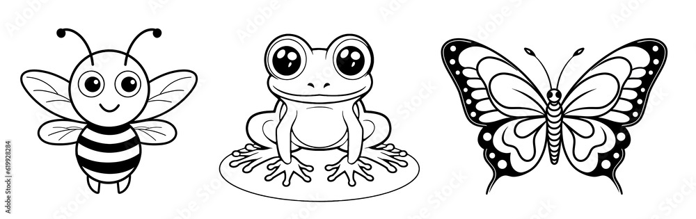Small creatures - cute Bee, Frog and Butterfly, simple thick lines kids or children cartoon coloring book pages. Clean drawing can be vectorized to illustration. Generative AI Small creatures - cute Bee, Frog and Butterfly, simple thick lines kids or children cartoon coloring book pages. Clean drawing can be vectorized to illustration. Generative AI