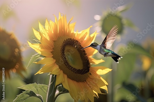 Amazing hummingbird with sunflower on black background