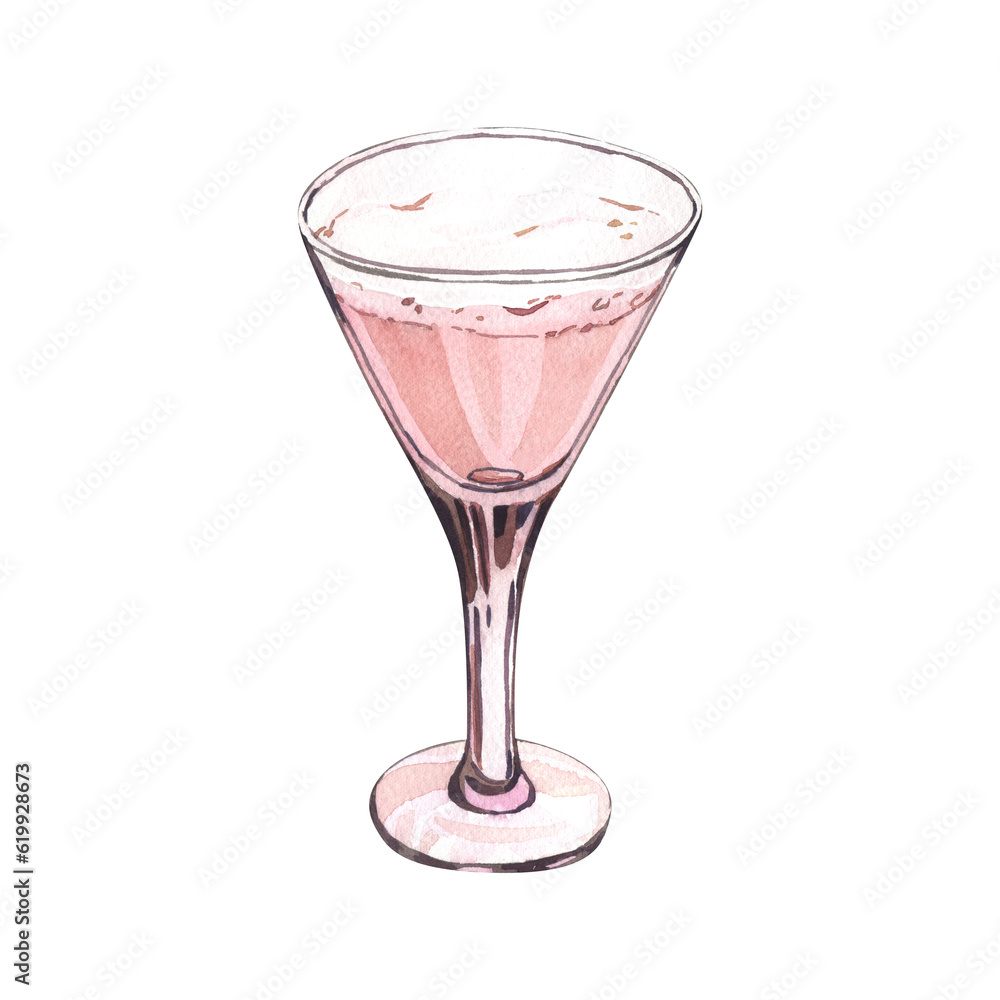 Watercolor pink cocktail rose in glass. Hand-drawn illustration isolated on white background. Perfect for recipe lists with drinks, brochures for cafe, bar Watercolor pink cocktail rose in glass. Hand-drawn illustration isolated on white background. Perfect for recipe lists with drinks, brochures for cafe, bar