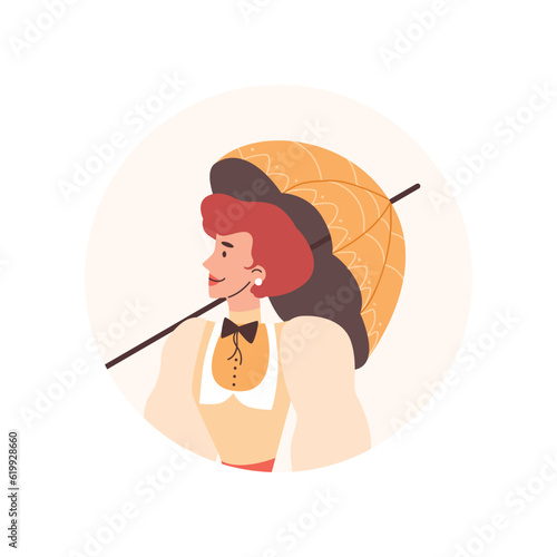 Victorian woman with an umbrella in fashion dress, 18th, 19th century, cartoon vector isolated illustration in frame