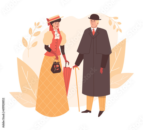 Happy victorian man and woman walking together flat style, vector illustration