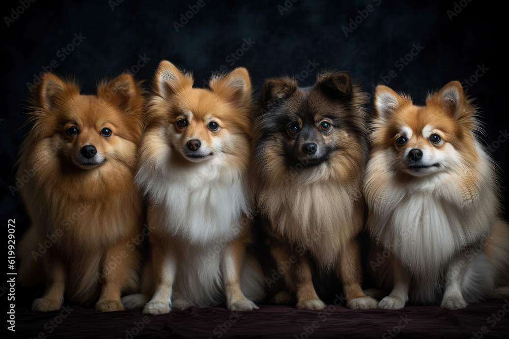 Four Pomeranians of different colors sit side by side on a dark background, AI Generated