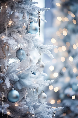Close-up photography of Christmas tree with balls, winter celebration background in white and blue tones. Generative AI