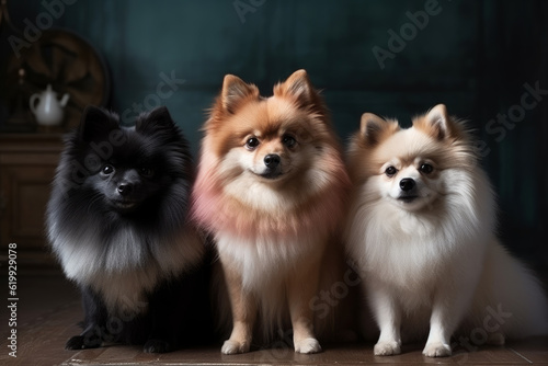 Three Pomeranians of different colors sit side by side on a dark background, AI Generated