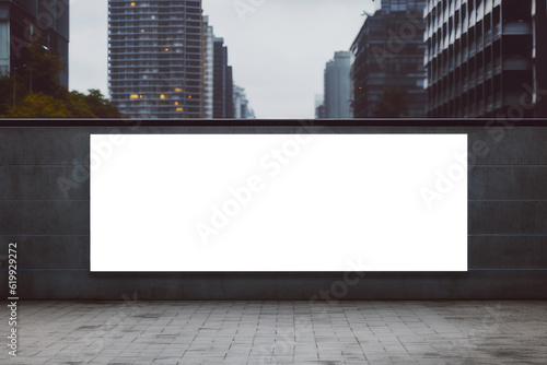White large horizontal billboard mock up on fence wall with urban modern city background. AI generative