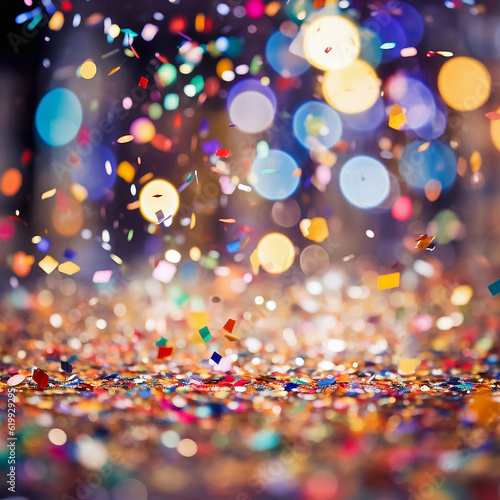 Close-up photography with confetti falling everywhere, celebration party, social event. Generative AI