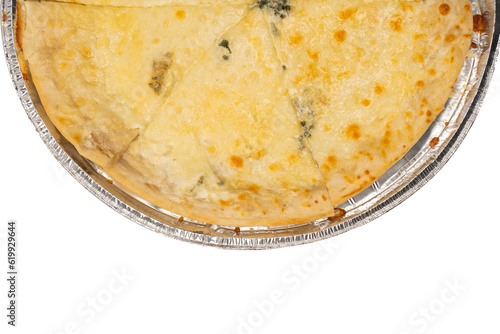 Four cheese pizza isolated on white background.