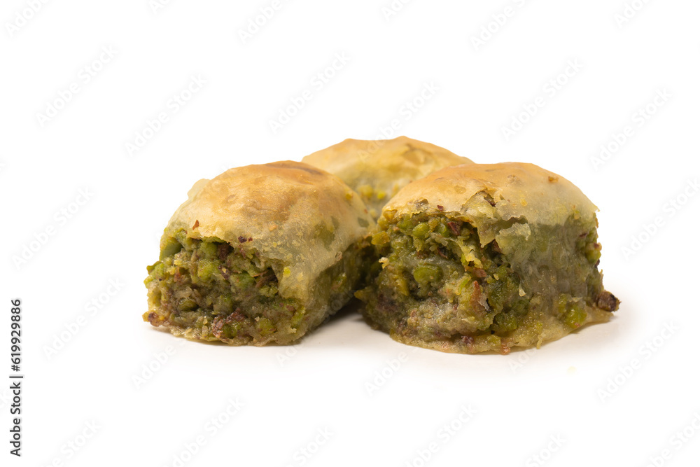 Turkish pistachio baklava isolated on white background. Turkish pistachio baklava isolated on white background.