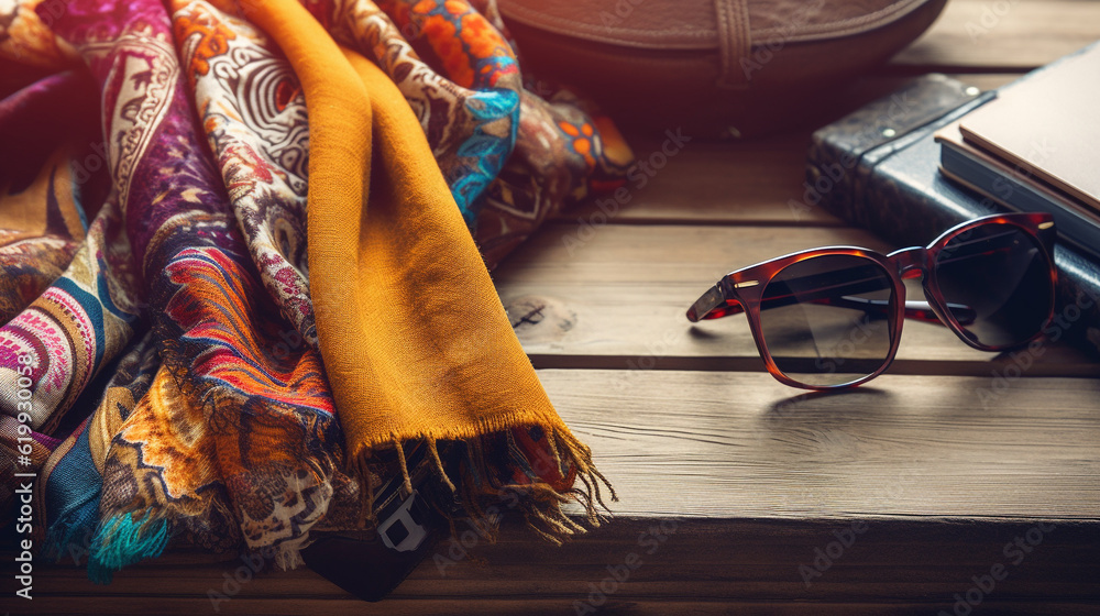 Assortment of trendy fashion accessories creatively arranged on a rustic table