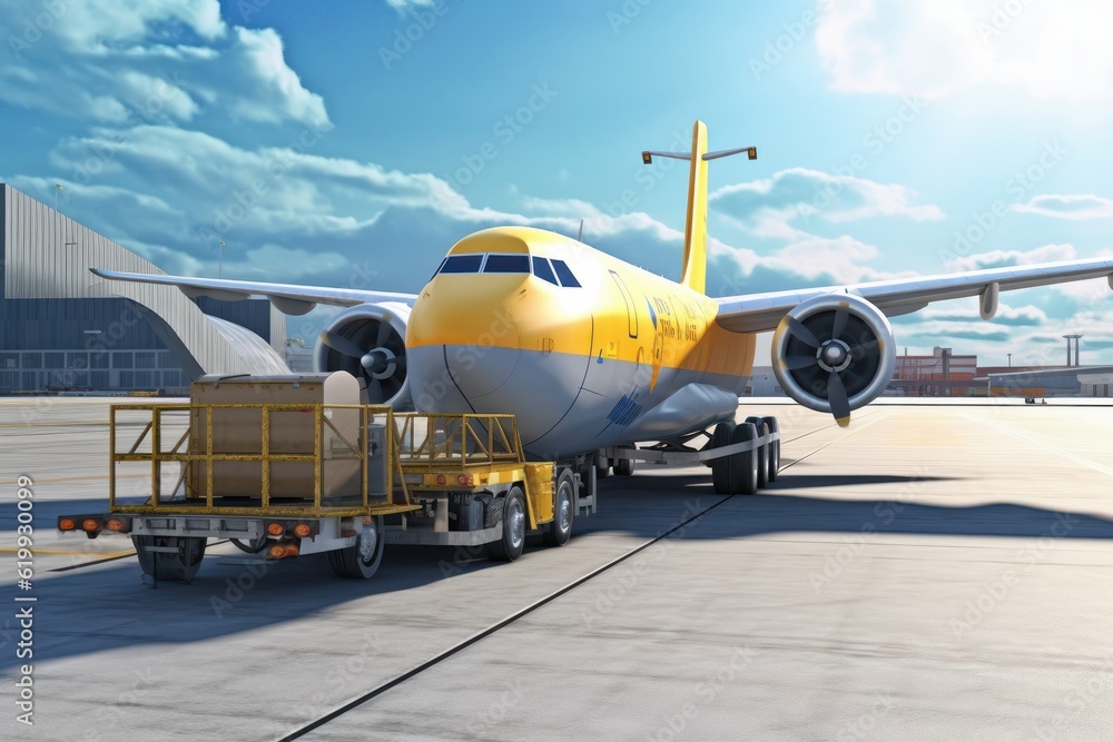 Loading a cargo plane at the airport. A cargo trolley delivering cargo to the jet on the airfield. International freight transport, airmail and logistics concept. 3D illustration. Loading a cargo plane at the airport. A cargo trolley delivering cargo to the jet on the airfield. International freight transport, airmail and logistics concept. 3D illustration.