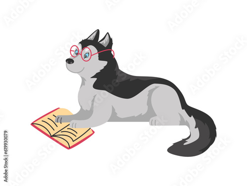 Funny husky dog in glasses reading book flat style, vector illustration