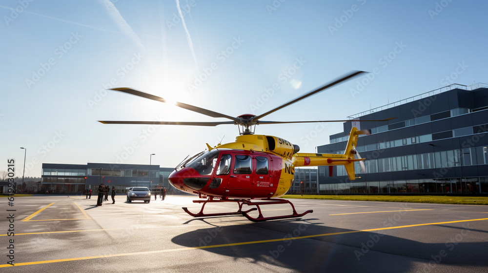 A helicopter air ambulance landing at a hospital, transporting critically injured patients Generative AI A helicopter air ambulance landing at a hospital, transporting critically injured patients Generative AI