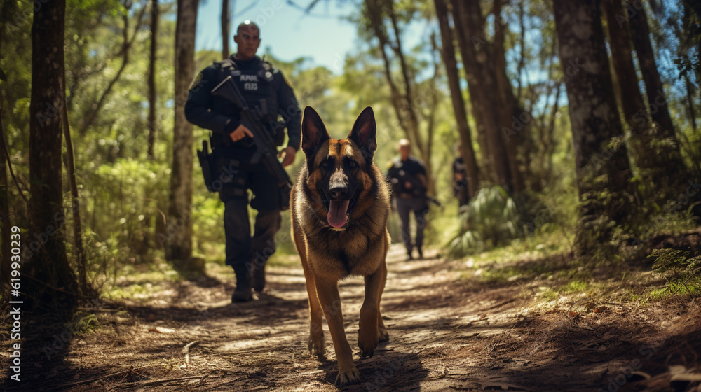 A K-9 unit dog assisting police officers in tracking down a suspect Generative AI A K-9 unit dog assisting police officers in tracking down a suspect Generative AI