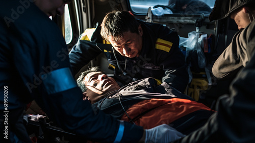 An ambulance crew administering medical aid to a patient in an emergency situation Generative AI