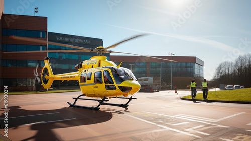 A helicopter air ambulance landing at a hospital, transporting critically injured patients Generative AI