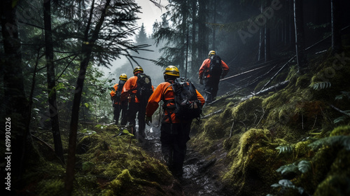 Fotografia A search and rescue team navigating treacherous terrain to locate a missing pers