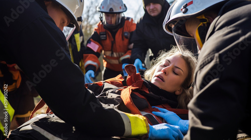 A team of emergency medical technicians providing care at a mass casualty incident Generative AI