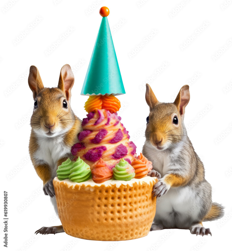 squirrels with a party hat sitting on a birthday cake, cute funny ...