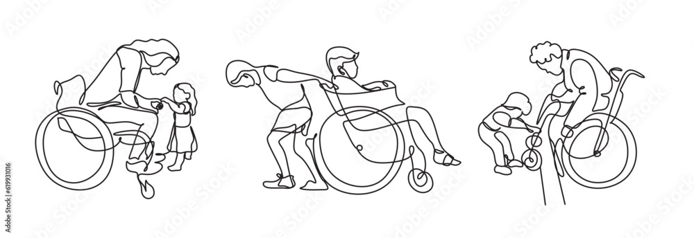 Disabled kid line vector. Help, support and friendship with people especially. A person in a wheelchair