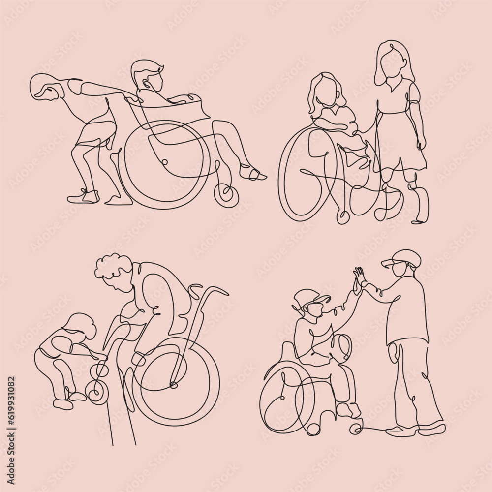Friendship with kid in a wheelchair line art  vector. Disabled children