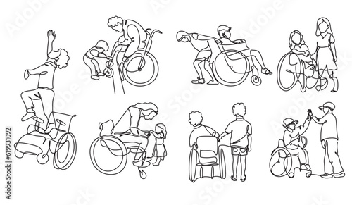 One single line drawing disabled child in a wheelchair. Trendy teamwork concept continuous line draw design vector illustration
