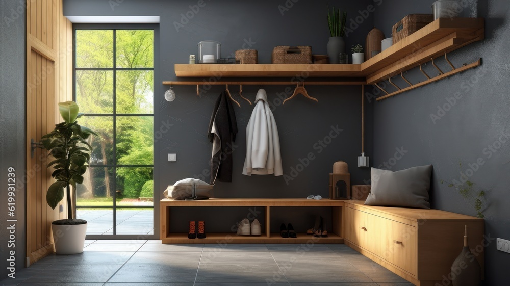 Stylish interior of a hallway in a country house. Gray walls, glazed door, wall hangers, shoe cabinets, plant in a floor pot, home decor. Modern cozy interior. Mockup, 3D rendering. Stylish interior of a hallway in a country house. Gray walls, glazed door, wall hangers, shoe cabinets, plant in a floor pot, home decor. Modern cozy interior. Mockup, 3D rendering.
