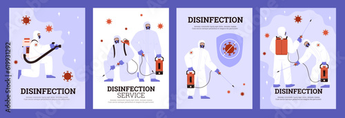 Disinfection service advertising posters set, flat vector illustration.