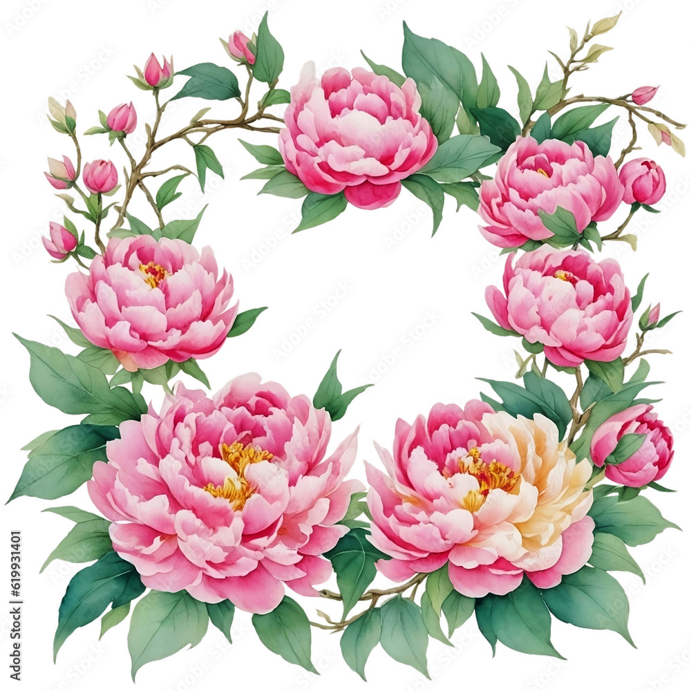 Watercolor peony floral frame illustration design on isolated png background created with Generative AI technology