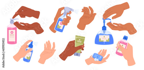 Set of people hands holding and using various antiseptics flat style