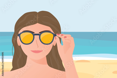 pretty young woman wearing sunglasses at the beach- vector illustration