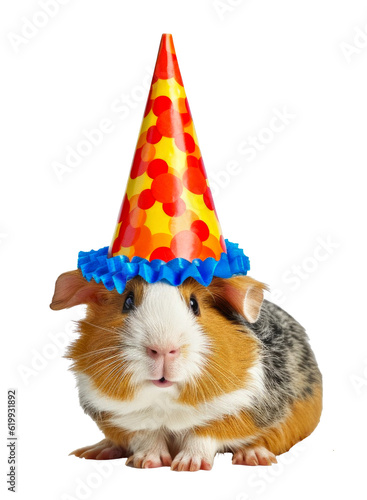 grumpy hamster wearing a party hat, funny animal isolated on a transparant background, clipart cutout scrapbook, birthday card